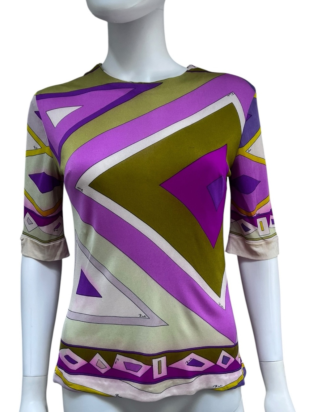 Vintage 60s Emilio Pucci Silk Purple Geometric Short Sleeve Top. Size L.
